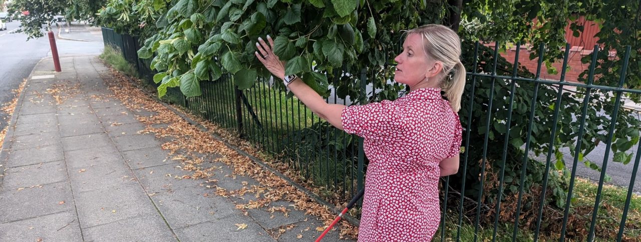 Sight Loss Council Engagement Manager, Kelly, who is registered blind, walks into an overgrown and overhanging tree whilst walking down the pavement.