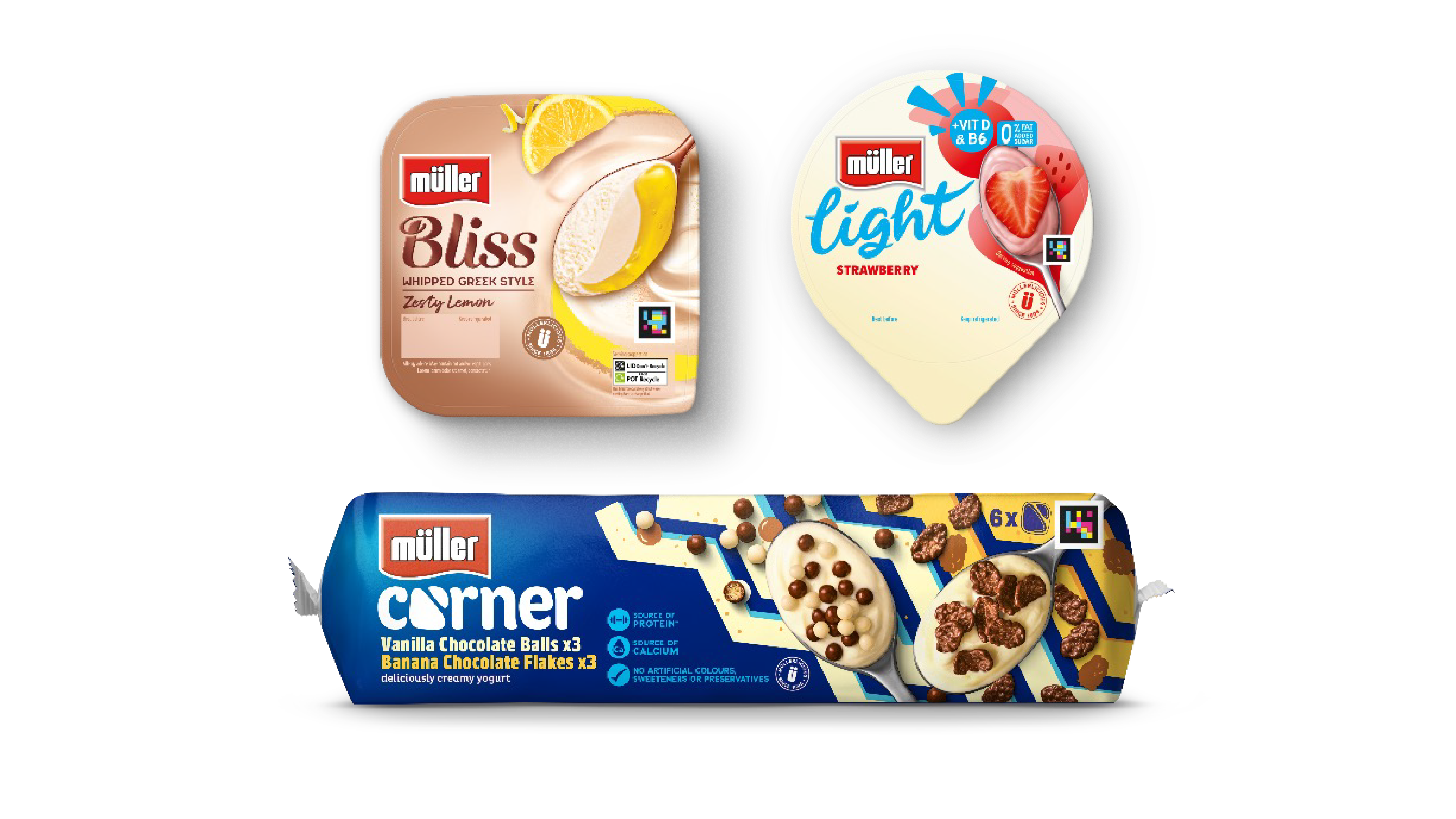 Photo of three muller products. One in a yoghurt style pot is called Bliss and says ‘Muller Whipped Greek Style Zesty Lemon’, another in a yoghurt style pot says ‘Muller Light Strawberry’, and a third in a long cylinder-shaped package says Muller Corner Vanilla Chocolate Balls x 3 and Banana Chocolate Flakes x 3. A square multi-coloured NaviLens code can be seen on the front of each packaging item.