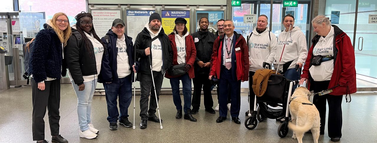 A group shot of London and South West London Sight Loss Council members, with Lucy Williams, Senior Engagement Manager for South England, and three representatives from Govia Thameslink Railway.