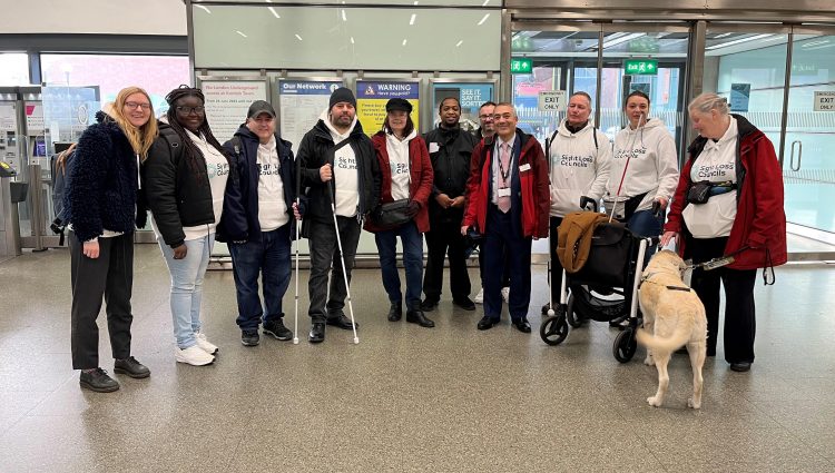 A group shot of London and South West London Sight Loss Council members, with Lucy Williams, Senior Engagement Manager for South England, and three representatives from Govia Thameslink Railway.