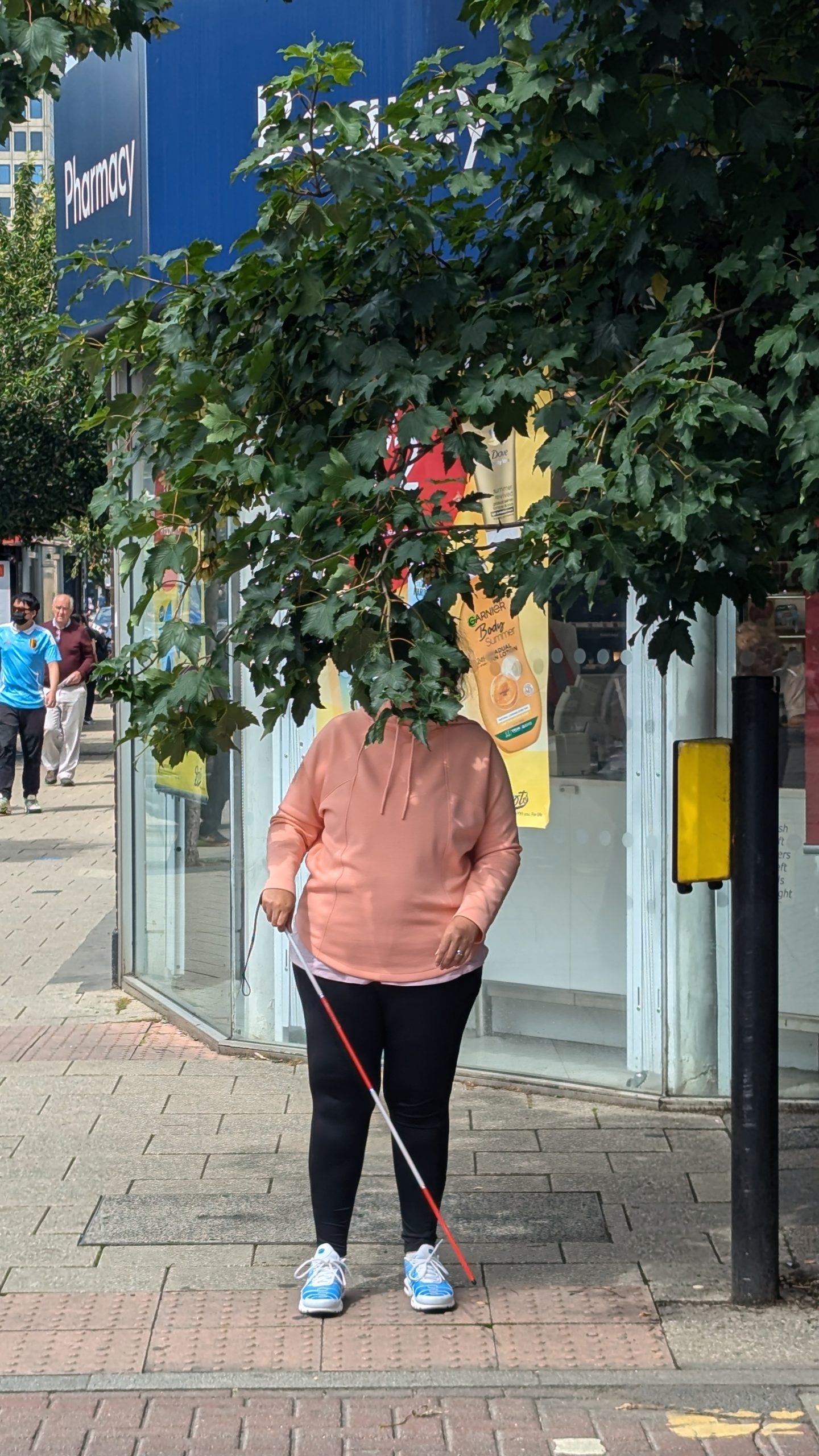 London Sight Loss Council member Nicki at pedestrian crossing obscured by foliage from an overgrown tree