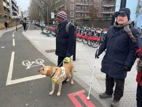 SLC members Harry Meade, Haren Thillainathan, and Guide Dog Addie, are shown crossing a cycle path on the road during a site visit with Wandsworth Council. 