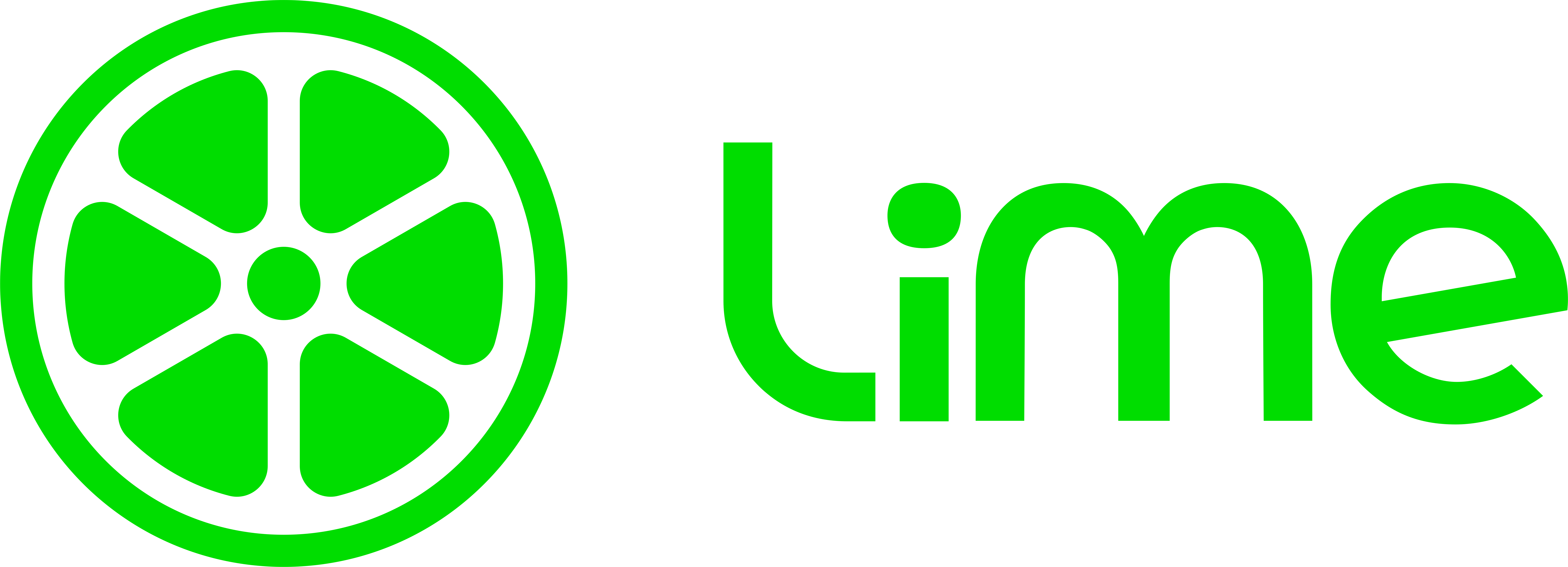 Lime logo in lime green colour. An image of a wheel, similar to the appearance of a section of lime, is sat next to the words Lime. 